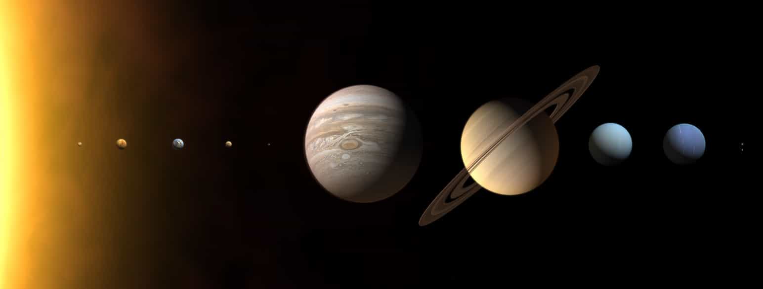 Illustrasjon av objektene i solsystemet.