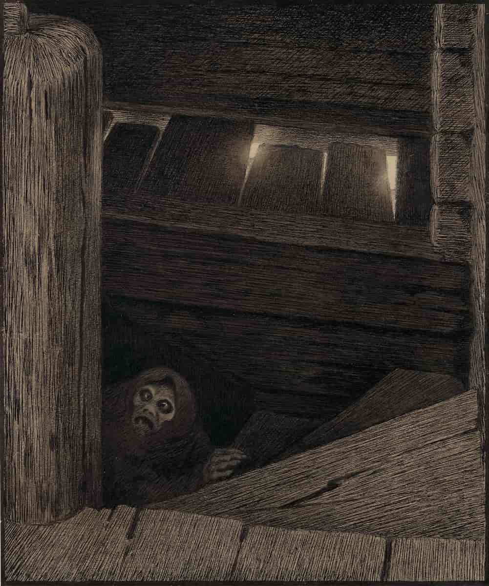 Illustrasjonen «Pesta i trappen» av Theodor Kittelsen