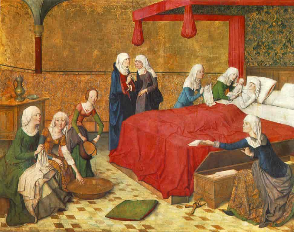 Dette maleriet fra ca. 1470 viser hvordan en kunstner har sett for seg jomfru Marias fødsel. En hjelpekone rekker Anna det nyfødte barnet. I alt er det åtte kvinner som hjelper til.