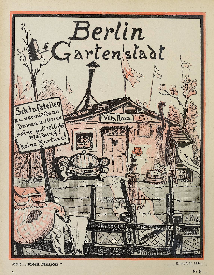 Karikaturtegning med tittel "Berlin Gartenstadt" av Heinrich Zille (1914)