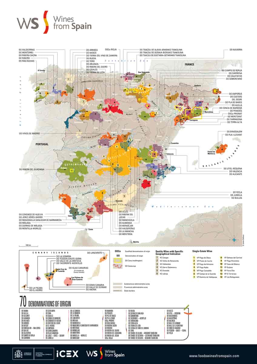 Kart over spanske Denominación de Origen (DO), september 2018