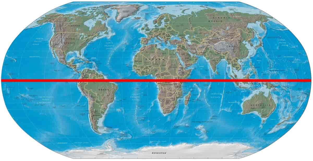 Ekvator tegnet inn på verdenskart