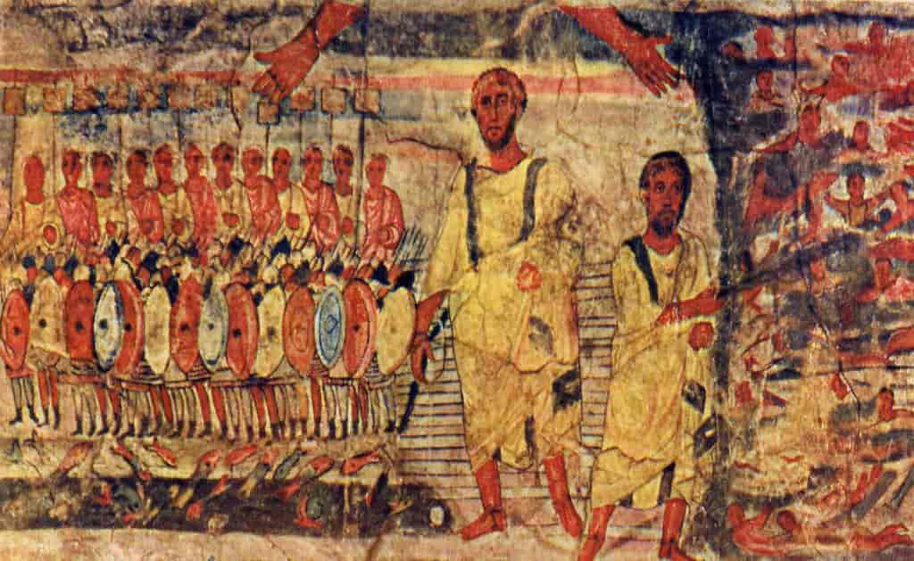 Jødene krysser Rødehavet. Freske fra synagogen i Dura Europos, ved Eufrat i Syria.