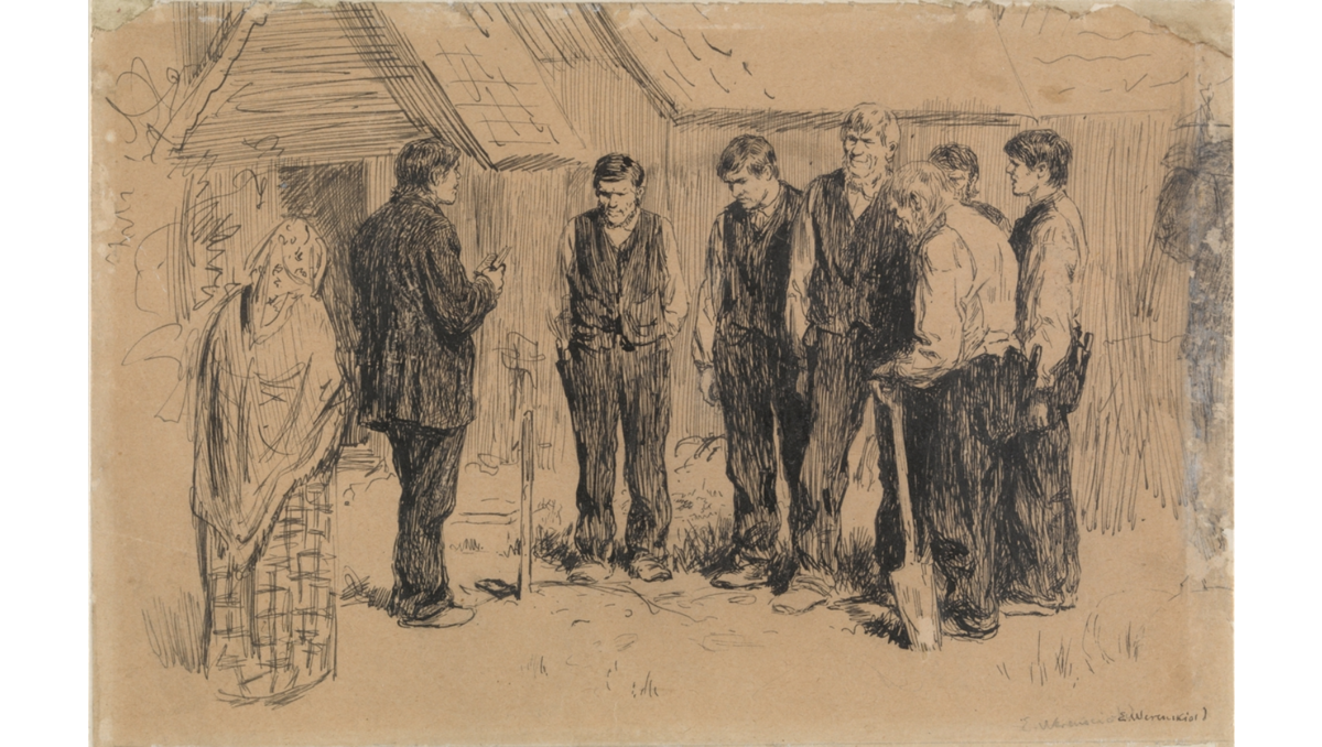 Erik Werenskiolds forarbeid (tegning) fra ca. 1878 til maleriet "En bondebegravelse". Legg merke til stauren, den trekkes opp når presten foretar jordfestingen.