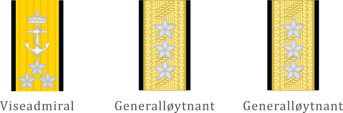 Viseadmiral/generalløytnant: Gradsmerke i henholdsvis sjøforsvaret, luftforsvaret og hæren