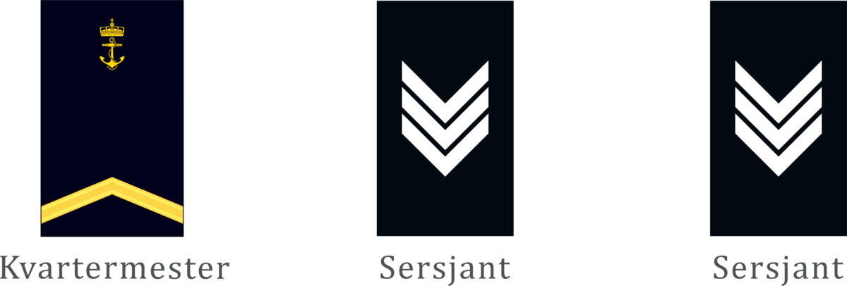 Kvartermester/sersjant: Gradsmerke i henholdsvis sjøforsvaret, luftforsvaret og hæren