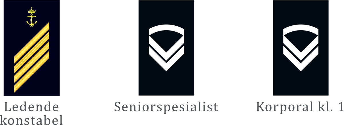 Ledende konstabel / seniorspesialist / korporal kl 1: Gradsmerke i henholdsvis sjøforsvaret, luftforsvaret og hæren