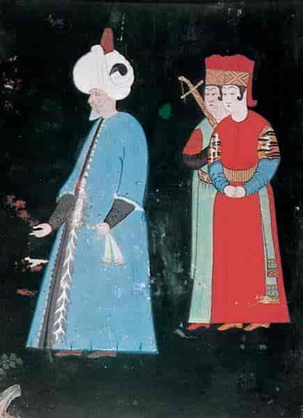 Speilvendt gjengivelse av miniatyrmaleri som viser sultanen og to pasjer