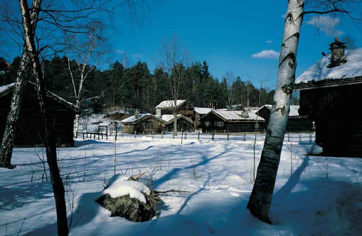 Norsk Folkemuseum (vinterbilde, tun)