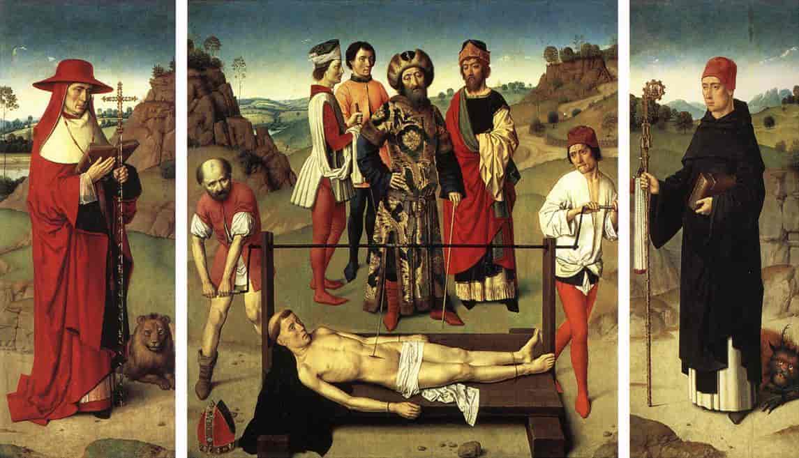 Dette triptyket fra ca. 1457-1475 av Dieric Bouts viser legenden om St. Erasmus' dødsmåte. Tarmene vindes opp på et gangspill