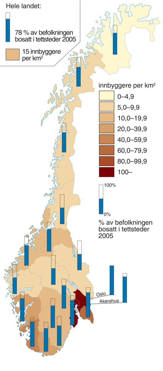 Norge (Befolkning) (kart, befolkningstetthet)