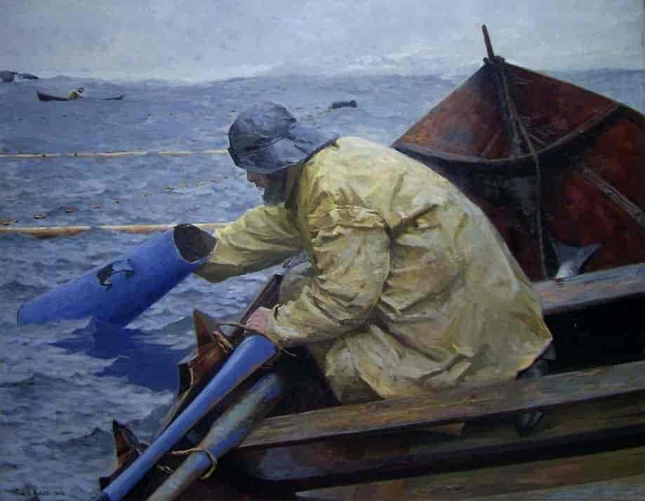 Ute ved laksenoten. Maleri av Fredrik Kolstø fra 1892