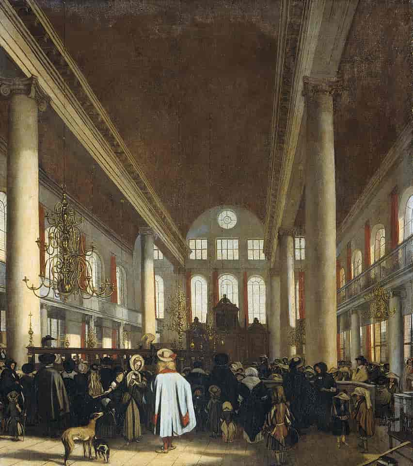 "Interiør i den portugisiske synagogen i Amsterdam", ca. 1680.