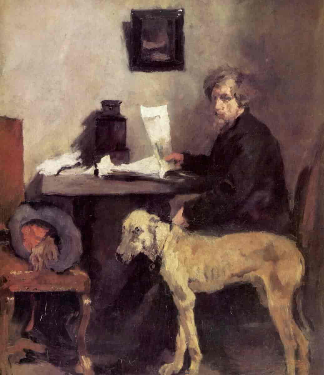 Maler sitter med hund