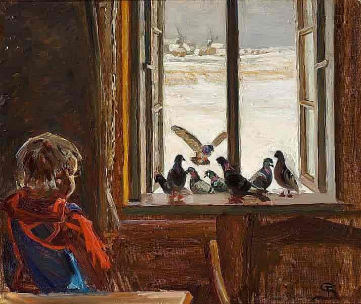 Malerens datter ser på duene i vinduskarmen.