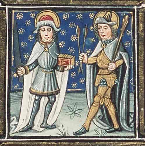 Helgenene Fabian med bok og sverd og Sebastian med piler og et scepter. Illustrasjon i en bønnebok fra fra ca. 1490.