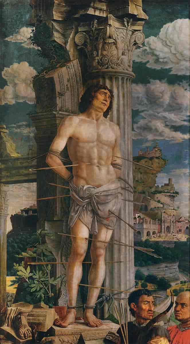 St. Sebastian ble pepret med piler. Maleri fra ca. 1480 i Louvre Museum