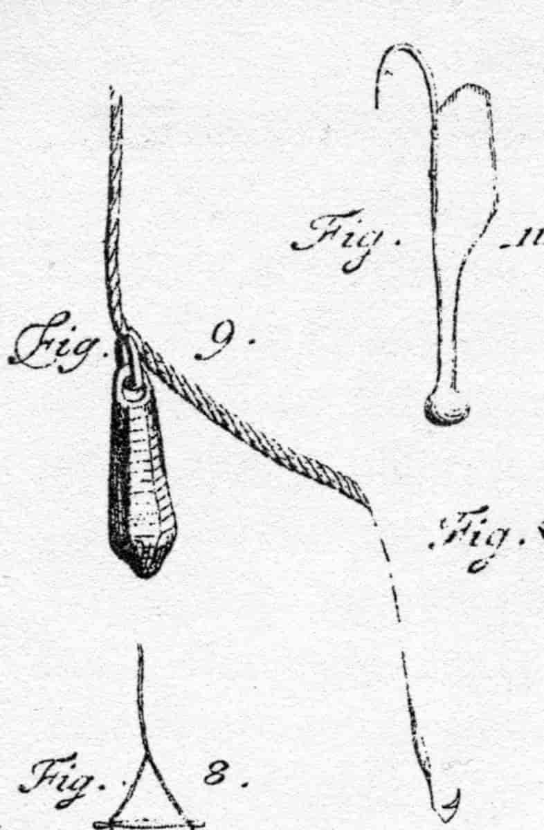 Fig. 9 på dette utsnittet av Tab. III i Hans Strøms Sunnmørsbeskrivelse viser et fiskesnøre med blystein