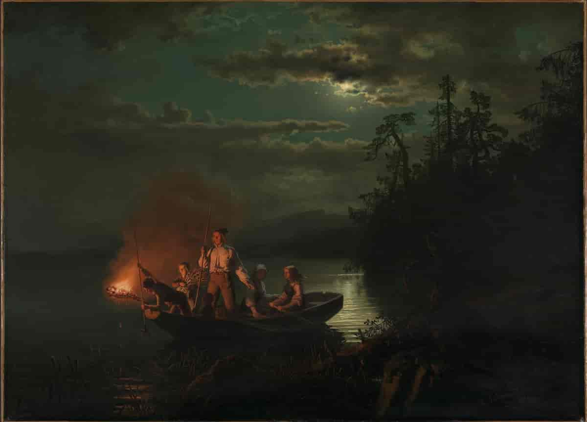 Lystring på Krøderen. Maleri av  Adolph Tidemand (mennesker) og Hans Gude (landskap) fra 1851 i Nasjonalmuseet