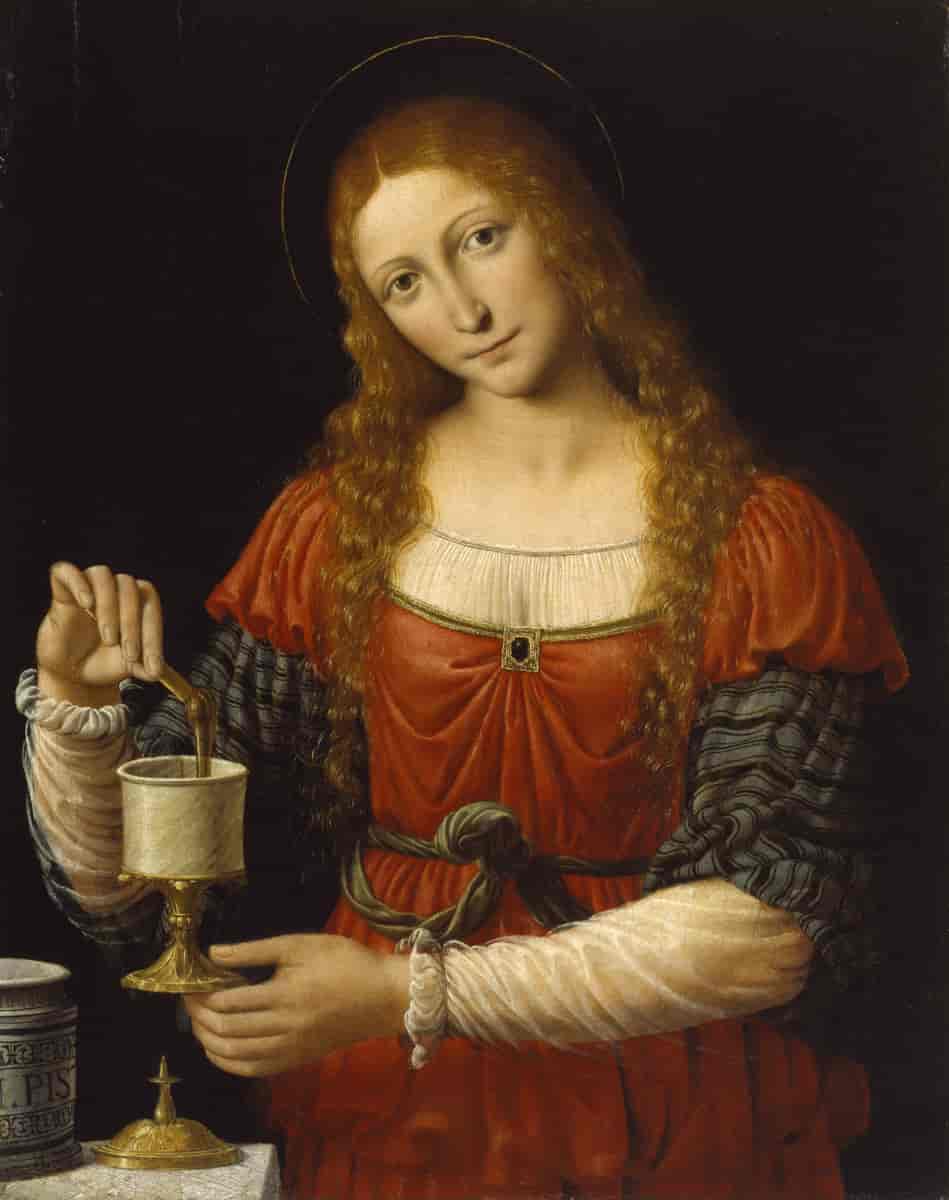 Maria Magdalena, maleri fra ca. 1524. Her heller hun salve i en krukke med stett. Hun er ofte fremstilt som en vakker kvinne med gyllent hår.
