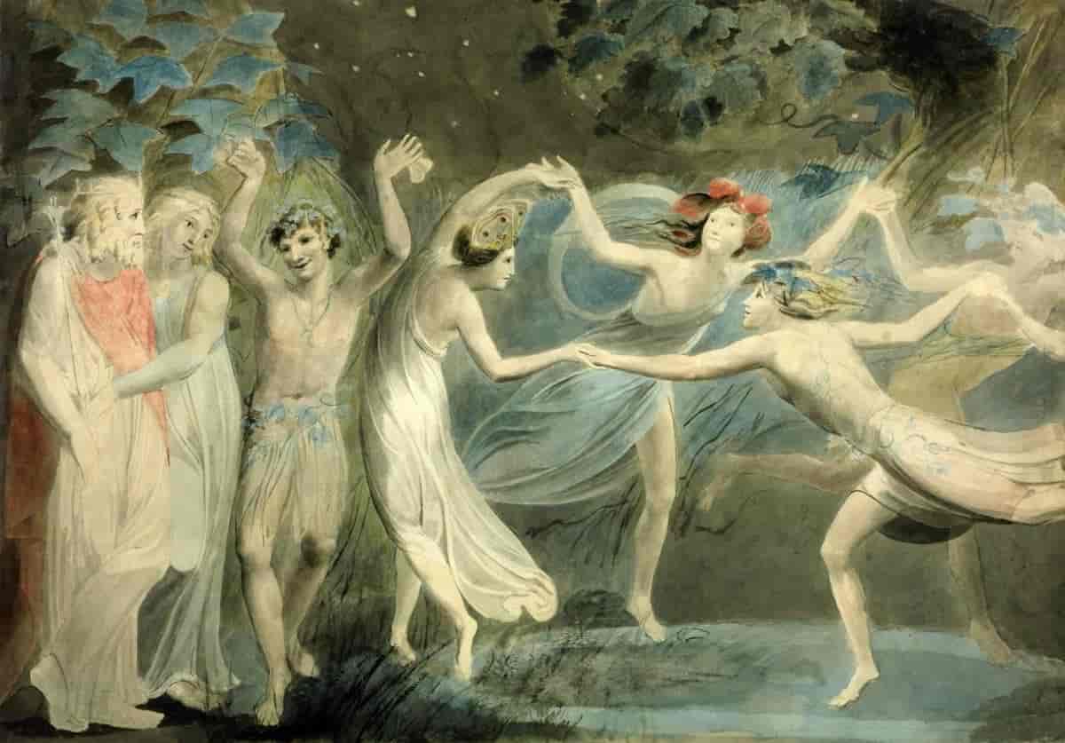 Oberon, Titania og Puck danser med alvene