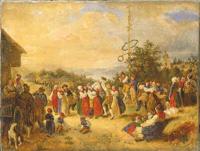 Midtsommerdans i Rättvik ca. 1852. Maistangen er på plass