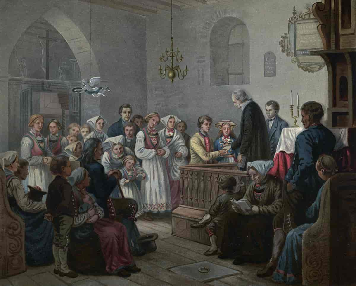 En Brudevielse, litografi av Knud Bergslien før 1858