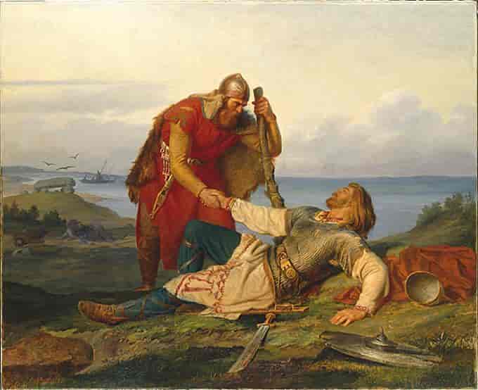De legendariske kjempene Orvar-Odd og Hjalmar inngikk fostbrorskap under en bue av jordtorv. Her tar Orvar-Odd avskjed med den  døende Hjalmar etter striden på Samsø. Maleri fra 1866