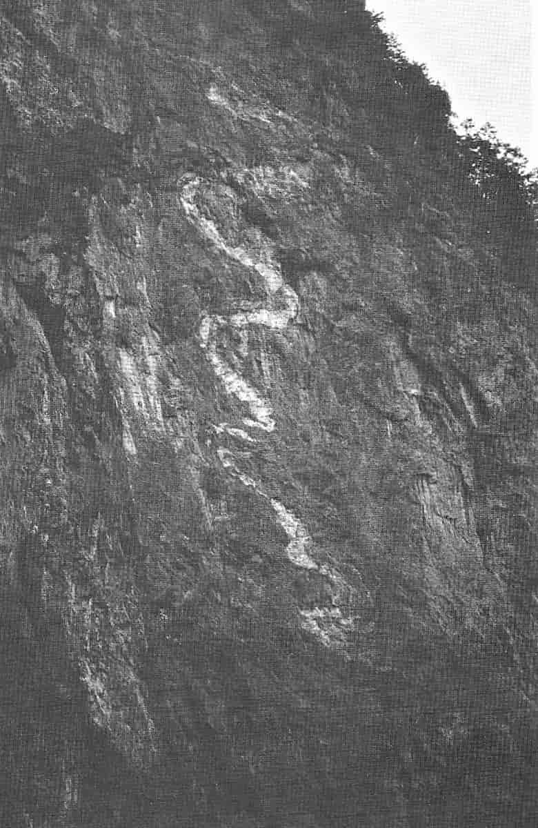 Ifølge sagnet tok Olav fatt i en orm og kastet den opp i fjellet i Valldalen. Her ble den forvandlet til stein, slik man fortsatt kan se. Foto