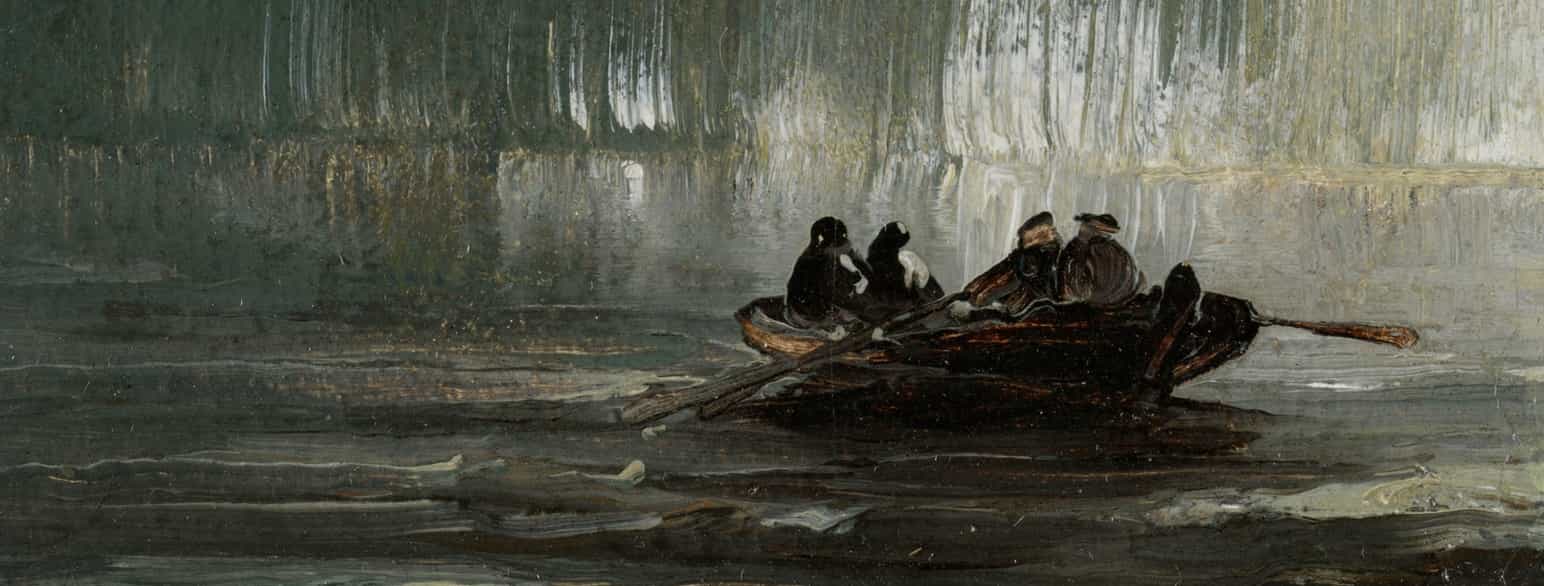 Nordlys over fire menn i robåt