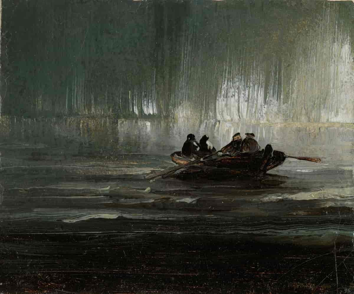 Nordlys over fire menn i båt