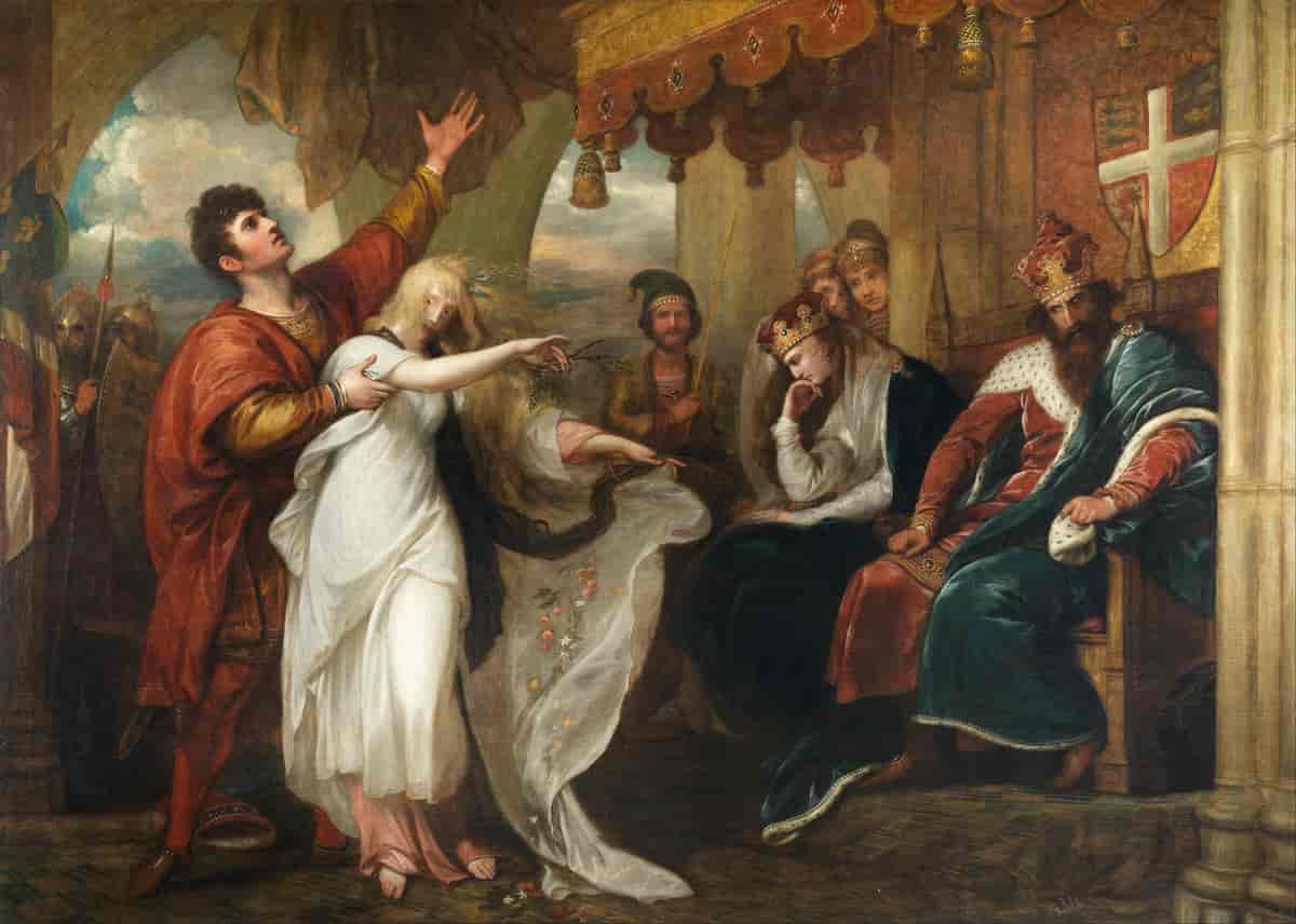 Sene fra Hamlet med Ofelia foran kongen og dronningen