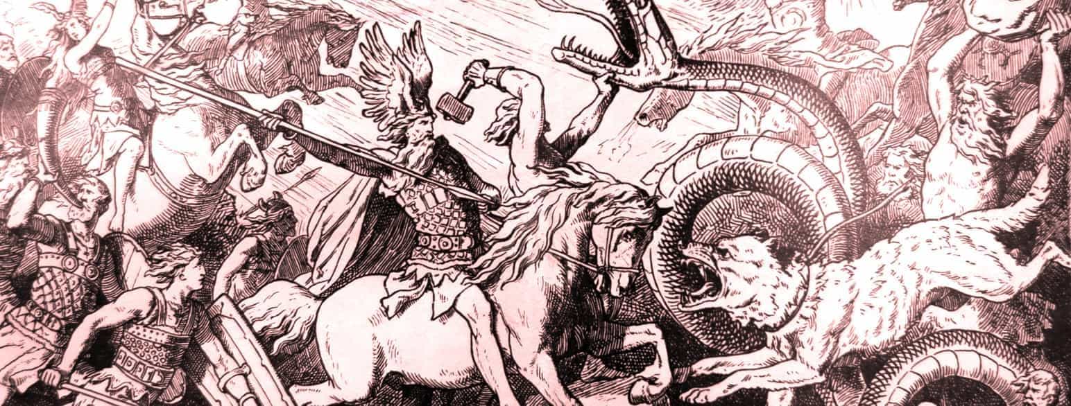 Ragnarok. Odin kjemper mot Fenrisulven og Tor mot Midgardsormen