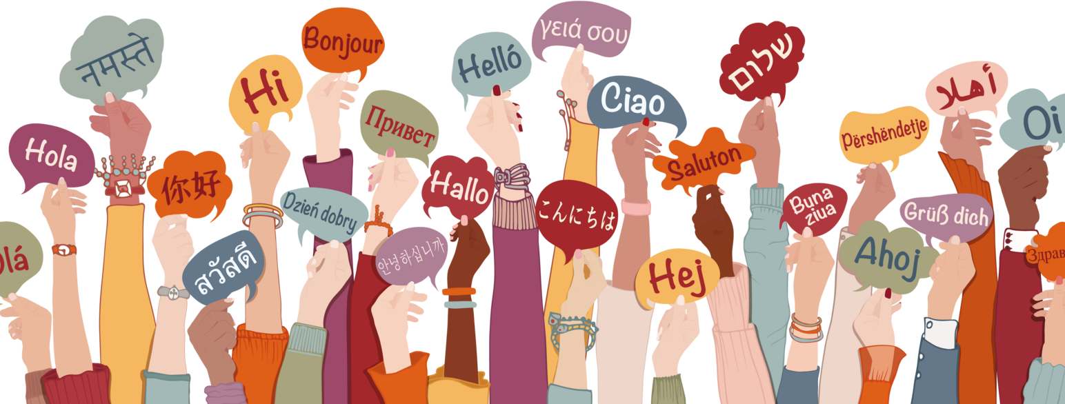 Mange hender som holder skilt hvor det står "hallo" på forskjellige språk